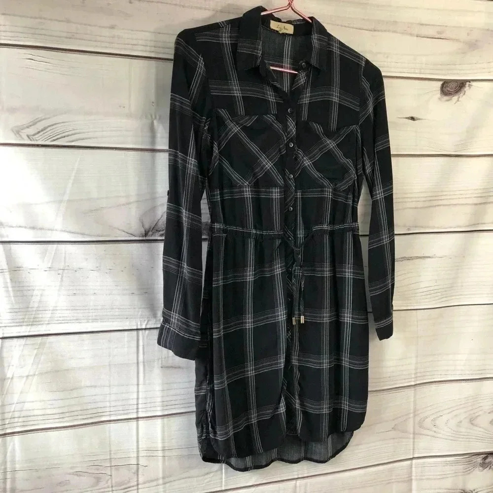 Love Notes Black Plaid Long Sleeve Dress Sz Small